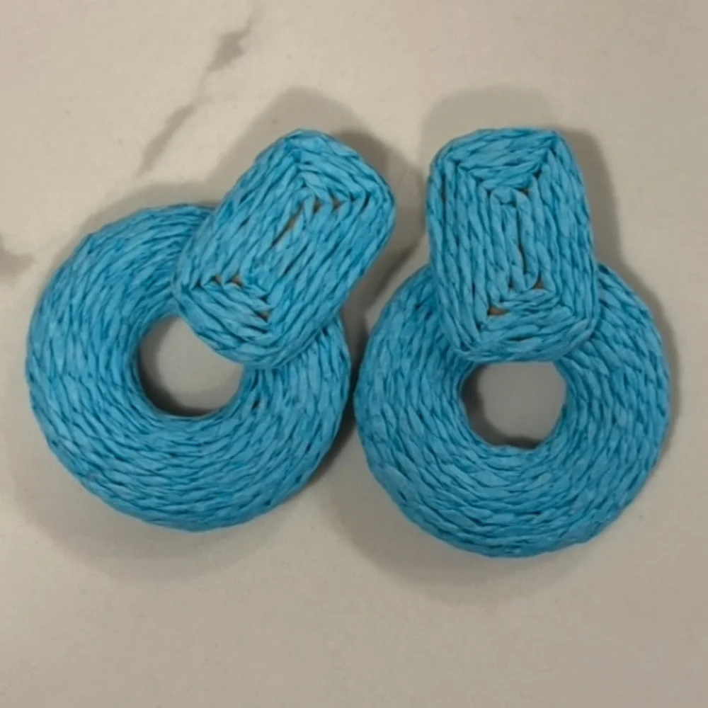 Boho Wrapped Raffia Door Knocker Earrings Blue Statement Show Stopper